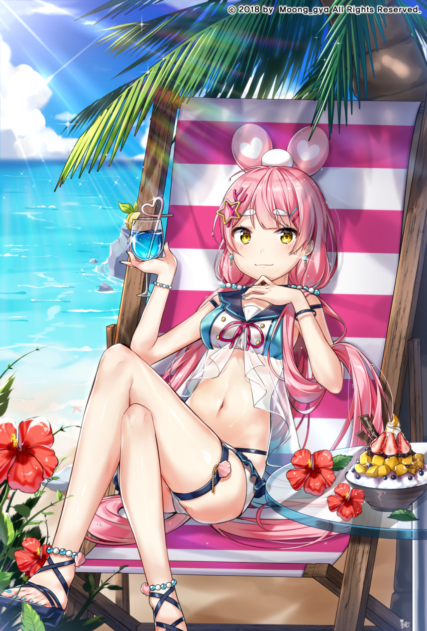 1girl, 2018, animal_ears, artist_name, bear_ears, bikini, black_footwear, blue_nails