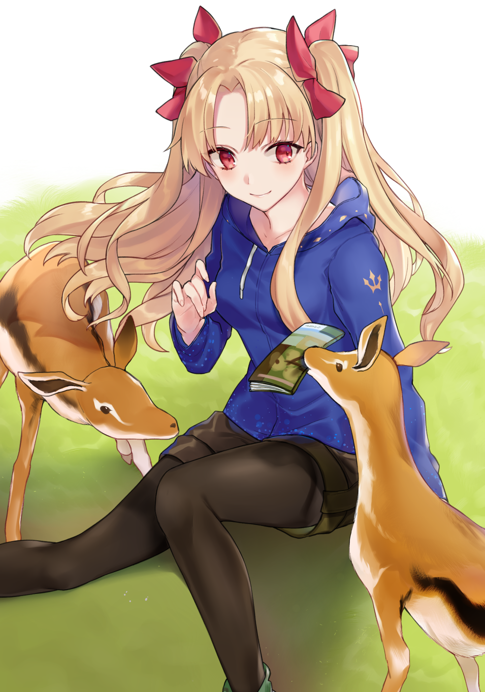 1girl, animal, bangs, black_legwear, black_shorts, blonde_hair, blue_hoodie, bow