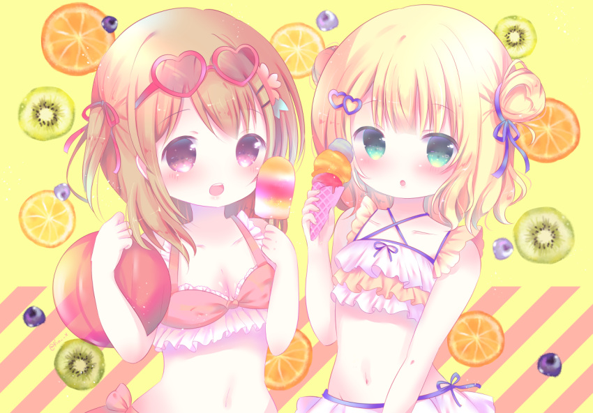 2girls, :d, :o, ball, bangs, beachball, bikini, blonde_hair