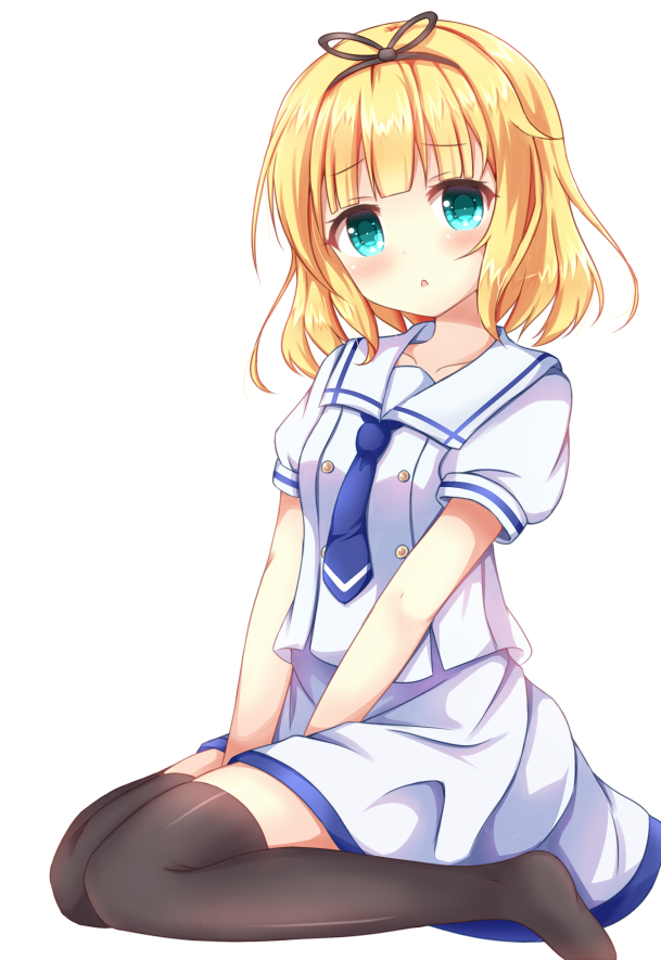 1girl, :o, alternate_costume, black_legwear, black_ribbon, blonde_hair, blue_neckwear, blush