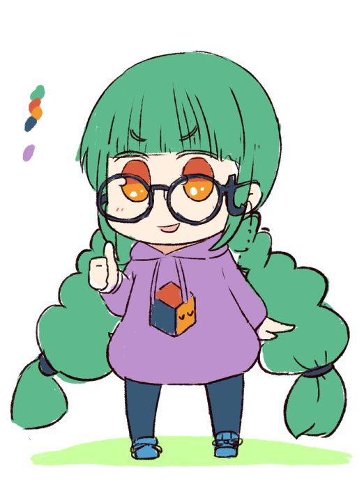 0_0, 1girl, :d, bangs, blue-framed_eyewear, blue_footwear, blue_legwear, blunt_bangs, braid, chibi, color_guide, commentary_request, full_body, glasses, glasses_day, green_hair, hood, hood_down, hoodie, leggings, long_hair, long_sleeves, open_mouth, orange_eyes, personification, print_hoodie, purple_hoodie, round_eyewear, smile, solo, standing, thumbs_up, tsukigi, tumblr, twin_braids, twitter-san, v-shaped_eyebrows, very_long_hair