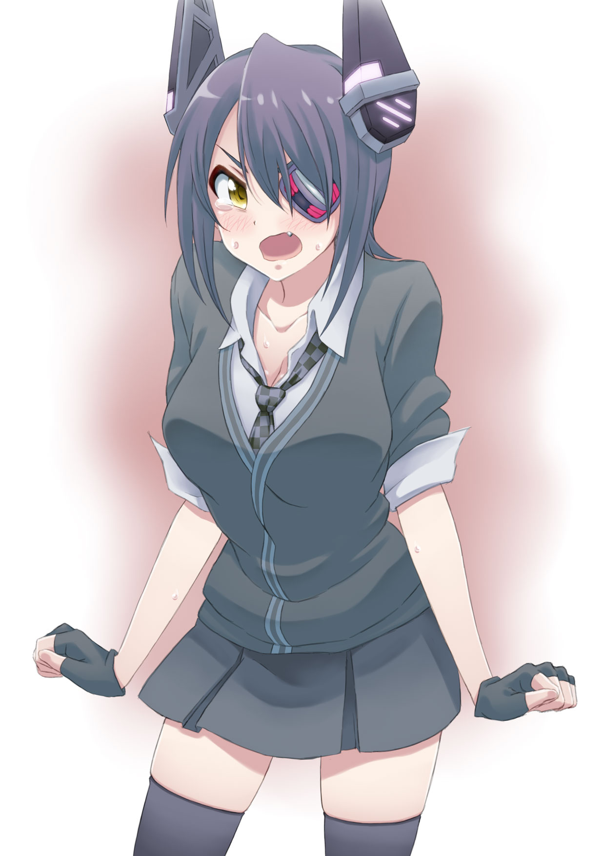 1girl, ayumu-k, black_gloves, black_legwear, black_skirt, blush, breasts, checkered