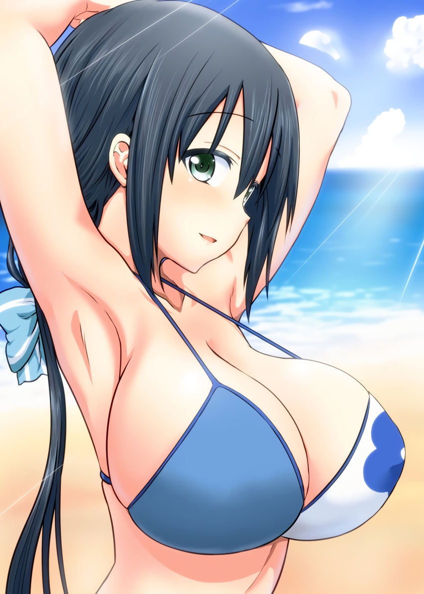 1girl, beach, black_hair, breasts, cleavage, day, eyebrows_visible_through_hair, green_eyes