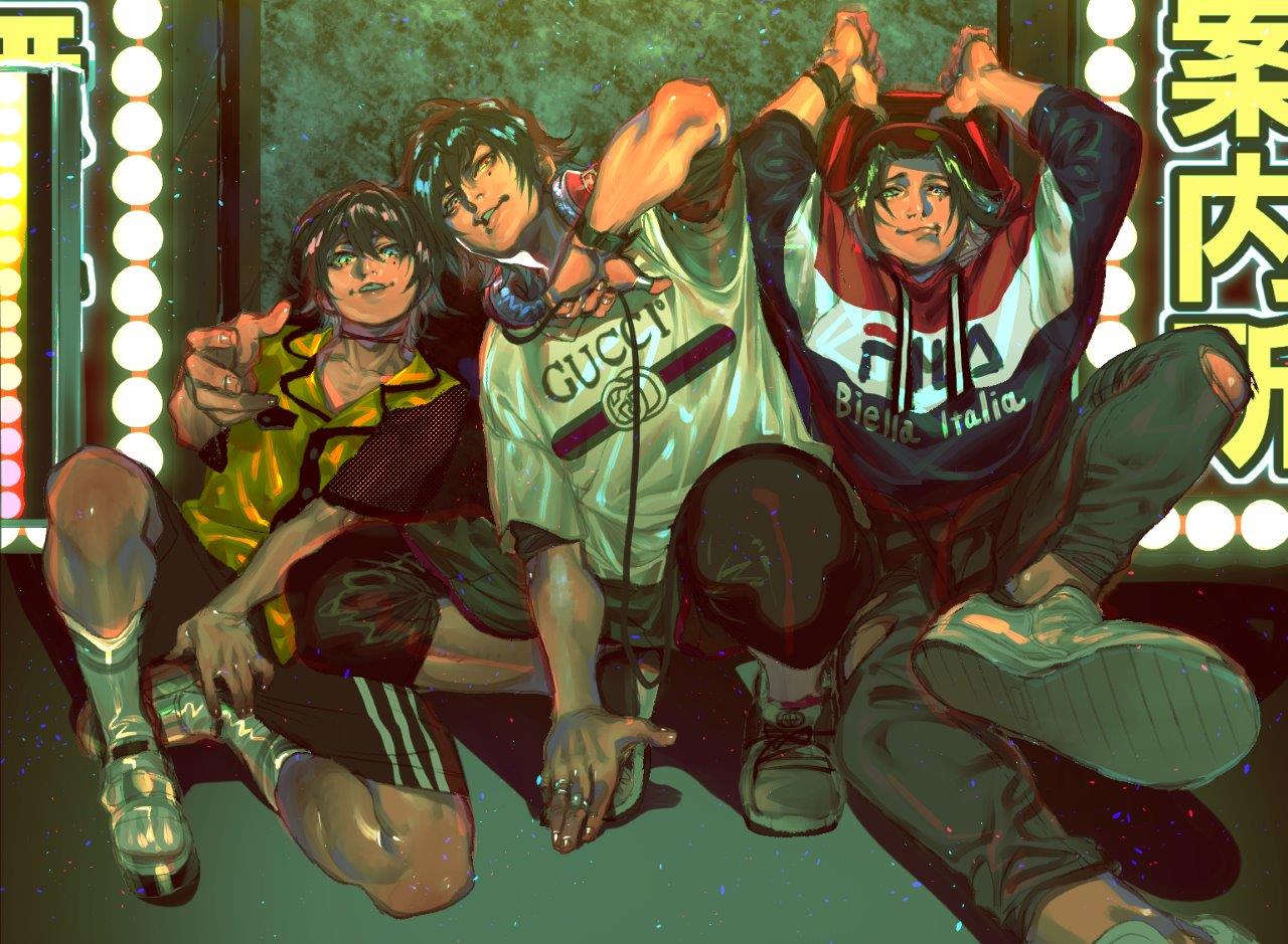 3boys, bangs, baseball_cap, black_hair, brothers, choker, closed_mouth, crotch_grab