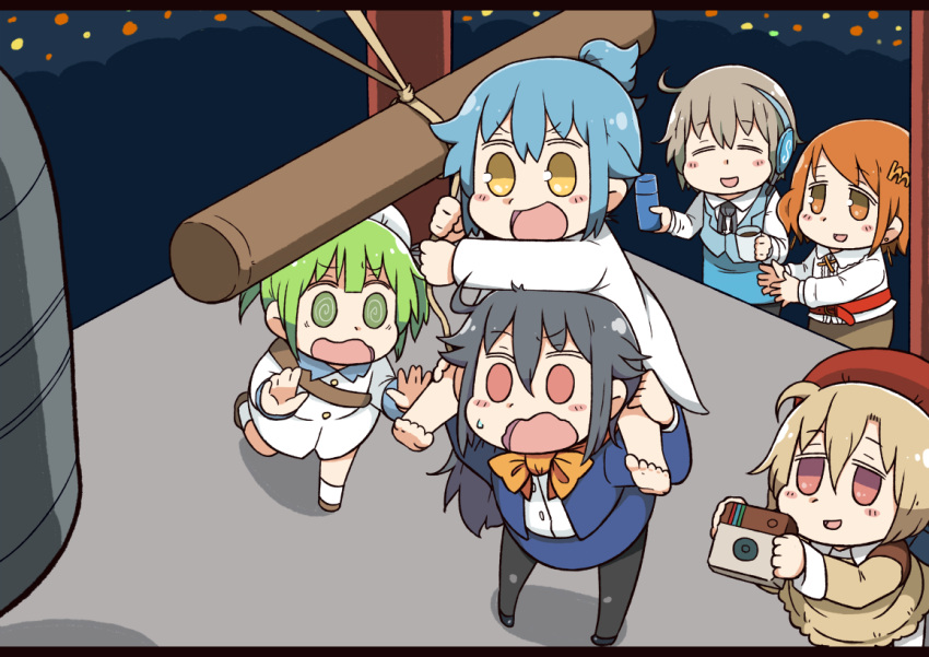 0_0, 6+girls, :d, @_@, ^_^, bangs, barefoot, bell