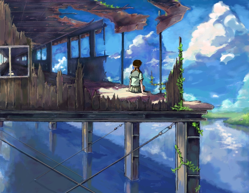 1girl, abandoned, arm_support, bangs, blue_sky, brown_hair, cloud, clouds