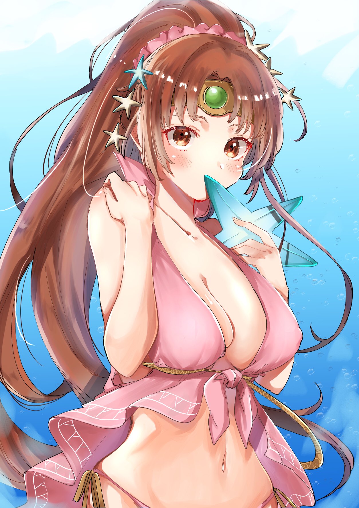 1girl, bare_shoulders, bikini, blush, breasts, brown_eyes, brown_hair, bubble