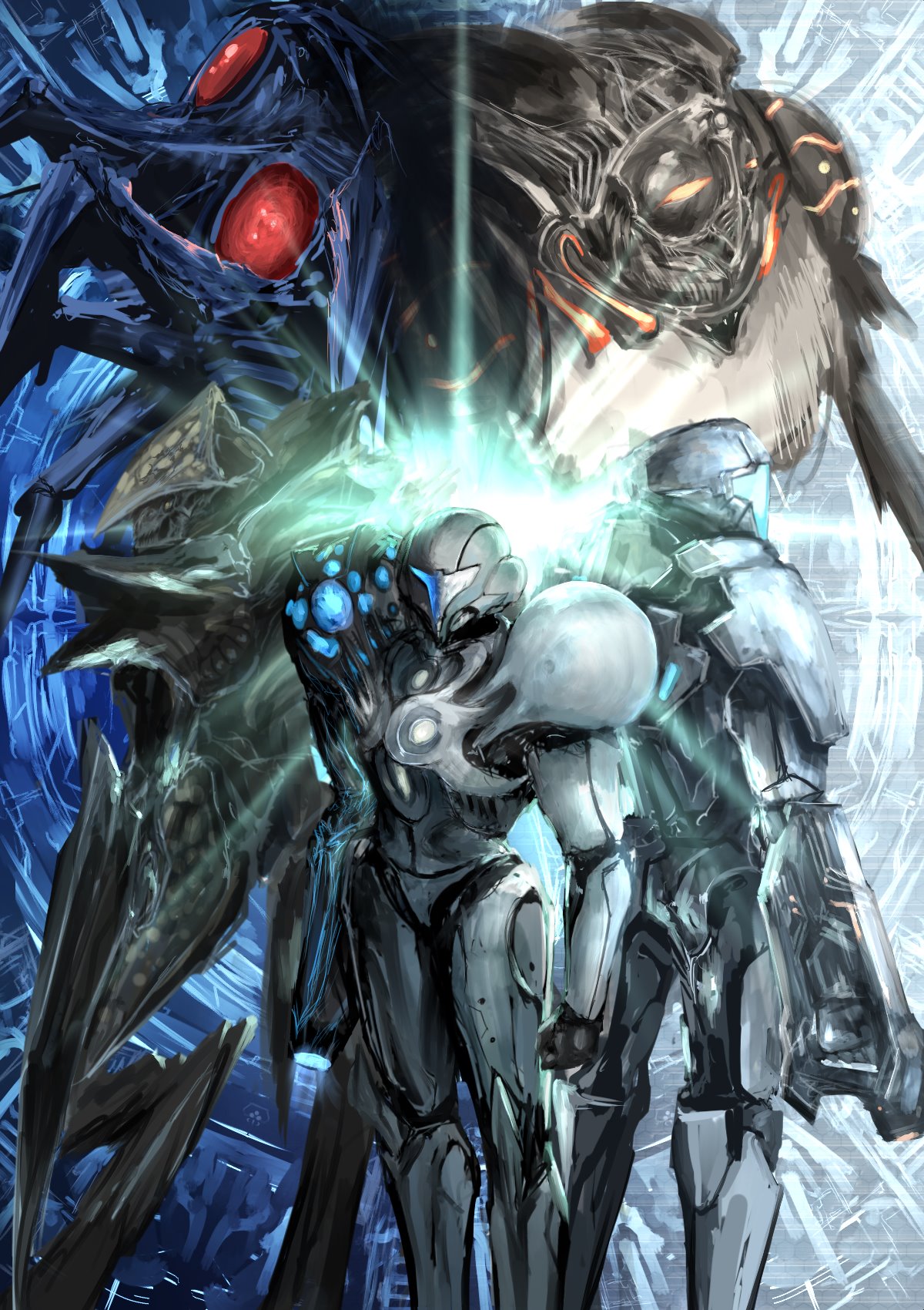 1boy, 1girl, commentary, commentary_request, dark_samus, delano77777, galactic_federation_trooper, gun