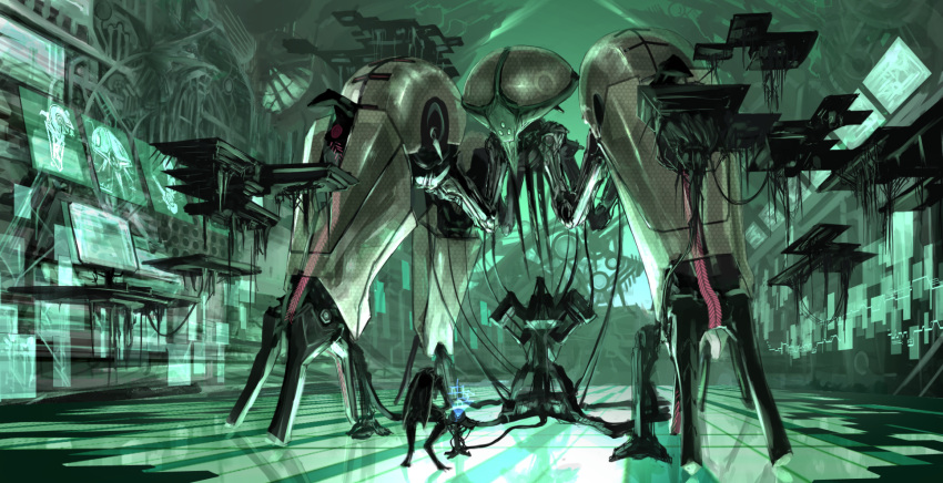 1boy, commentary, delano77777, floating, floating_object, green, highres, hologram, looking_down, luminoth, metroid, metroid_prime_2:_echoes, no_humans, quadraxis, reflection, robot, tagme, wire