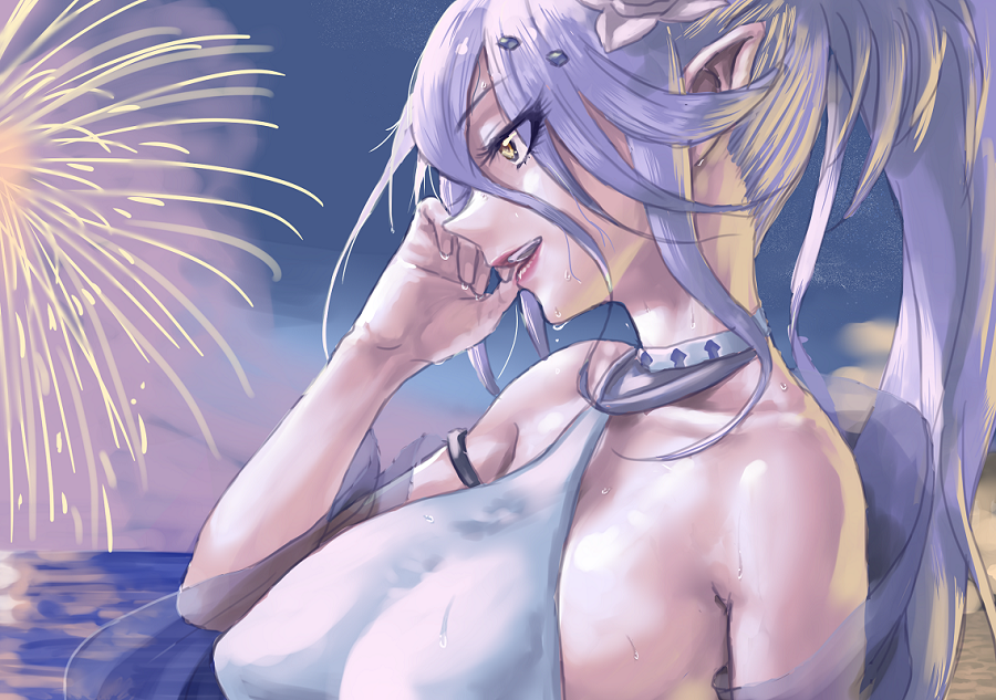 1girl, armlet, collarbone, commentary_request, eyelashes, fireworks, flower, from_side