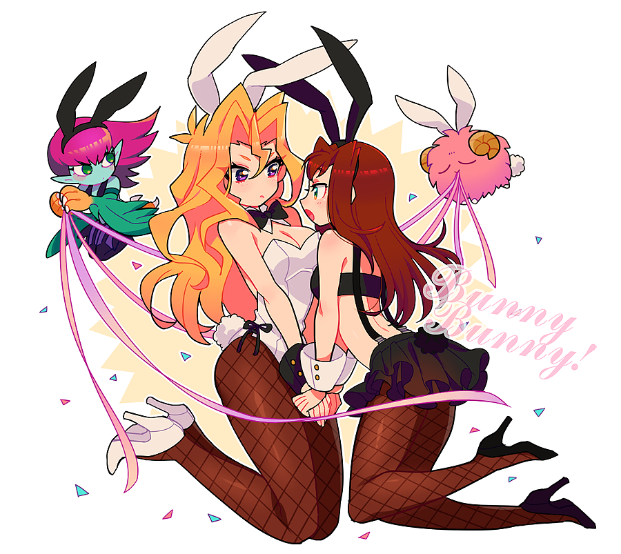 animal_ears, blonde_hair, bra, breasts, brown_hair, bunny_girl, bunny_tail, bunnysuit