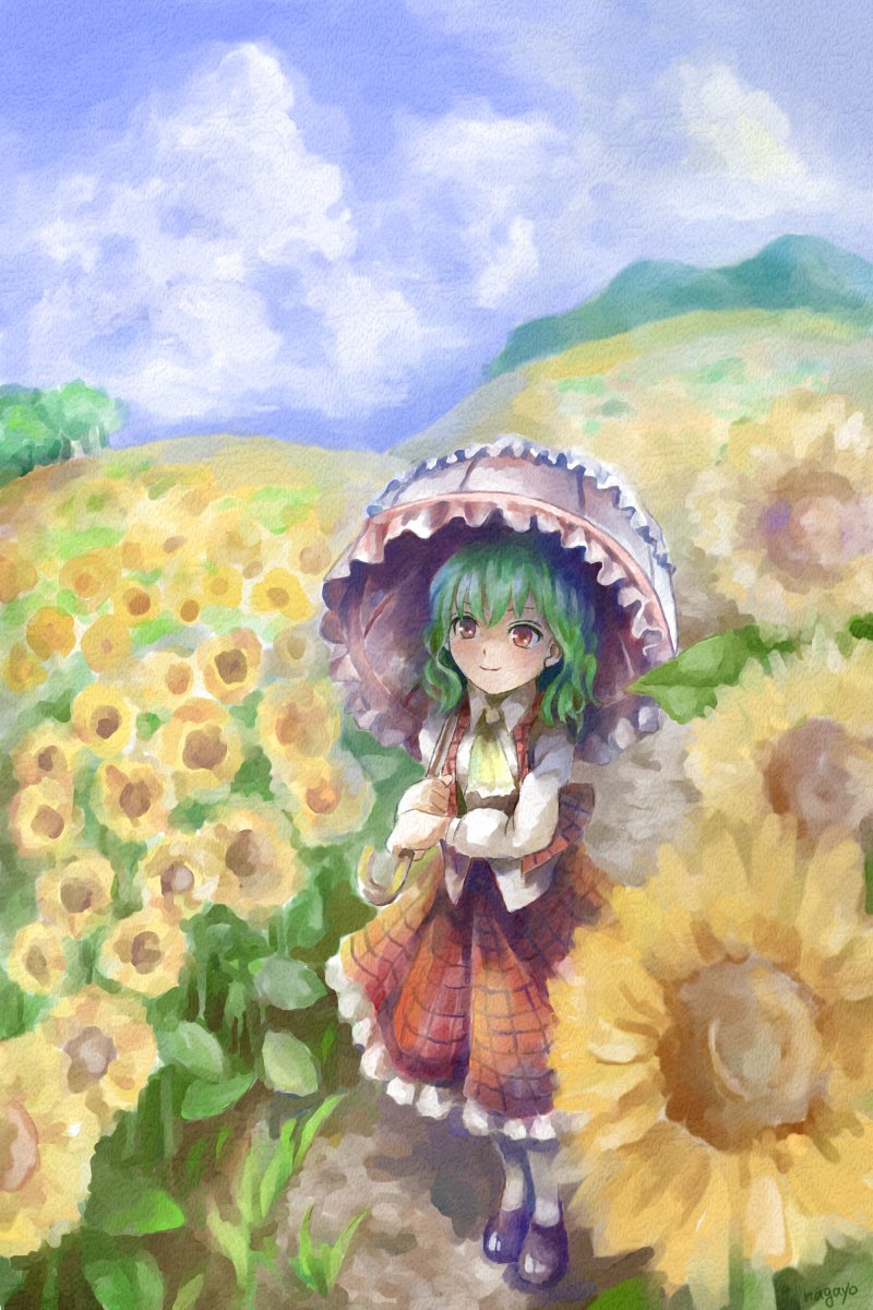 1girl, artist_name, bangs, blue_sky, brown_footwear, clouds, cravat, day