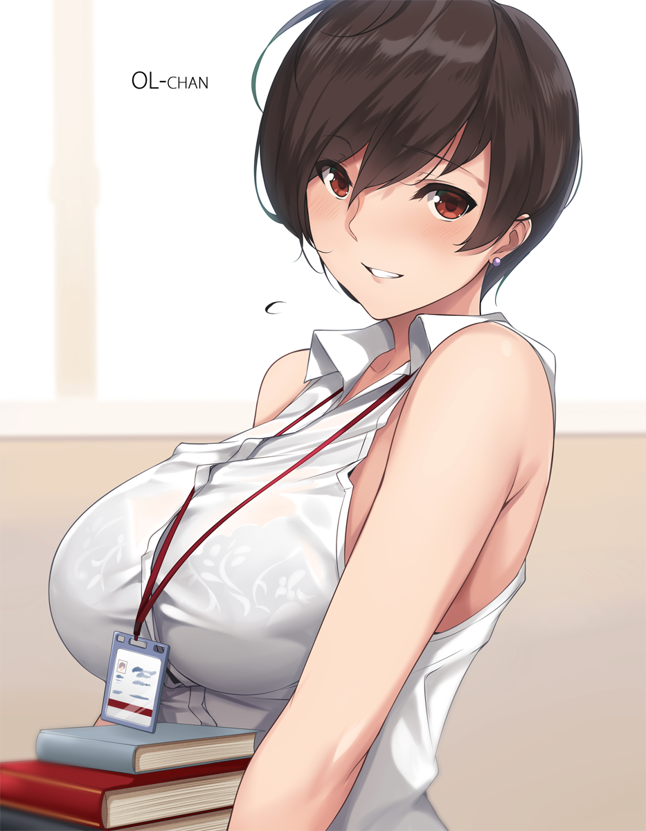1girl, bare_arms, bare_shoulders, blush, book, book_stack, bra, breasts, brown_eyes, brown_hair, character_name, collarbone, collared_shirt, commentary, earrings, english_commentary, eyebrows_visible_through_hair, flower_bra, hair_between_eyes, highres, holding, holding_book, id_card, indoors, jewelry, lanyard, large_breasts, looking_at_viewer, name_tag, ol-chan_(norman_maggot), original, pixie_cut, see-through, shirt, short_hair, sleeveless, sleeveless_shirt, smile, standing, teeth, tony_guisado, underwear, window