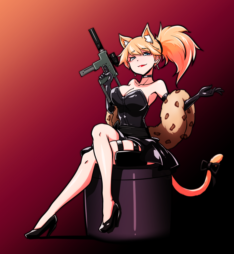 1girl, alternate_costume, animal_ears, animal_print, black_dress, black_gloves, blonde_hair, blue_eyes, breasts, cat_ears, cat_tail, choker, cleavage, collarbone, dress, earrings, girls_frontline, gloves, gun, hair_between_eyes, hair_ornament, holster, idw_(girls_frontline), jewelry, legs_crossed, leopard_print, lips, lipstick, long_hair, looking_at_viewer, makeup, medium_breasts, red_background, red_lipstick, ribbon, sidelocks, skirt, solo, stole, strapless, strapless_dress, submachine_gun, tail, tail_ribbon, thigh_holster, thigh_strap, thighs, voodoowood, weapon