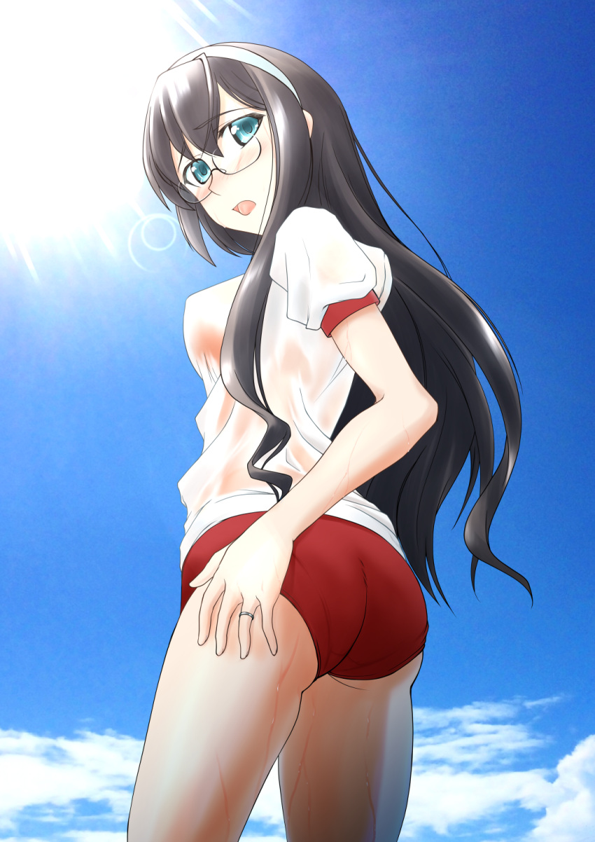 1girl, ass, black_hair, blue_eyes, blue_sky, buruma, clouds, cowboy_shot