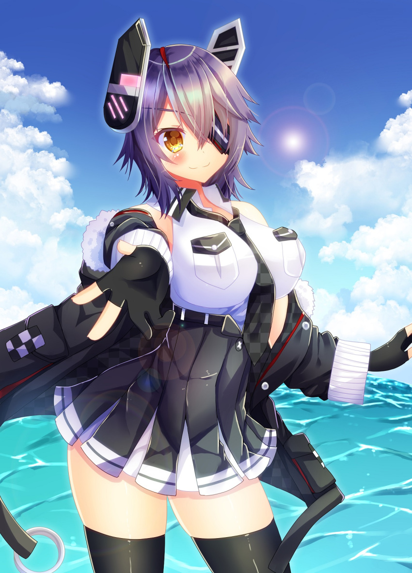 bare_shoulders, between_breasts, black_gloves, black_legwear, blush, breasts, checkered, checkered_neckwear, day, eyepatch, fingerless_gloves, gloves, headgear, highres, hiiro_yuya, imperial_japanese_navy, kantai_collection, large_breasts, light_smile, necktie, necktie_between_breasts, ocean, outdoors, partly_fingerless_gloves, pleated_skirt, purple_hair, short_hair, skirt, sun, tenryuu_(kantai_collection), thigh-highs, yellow_eyes