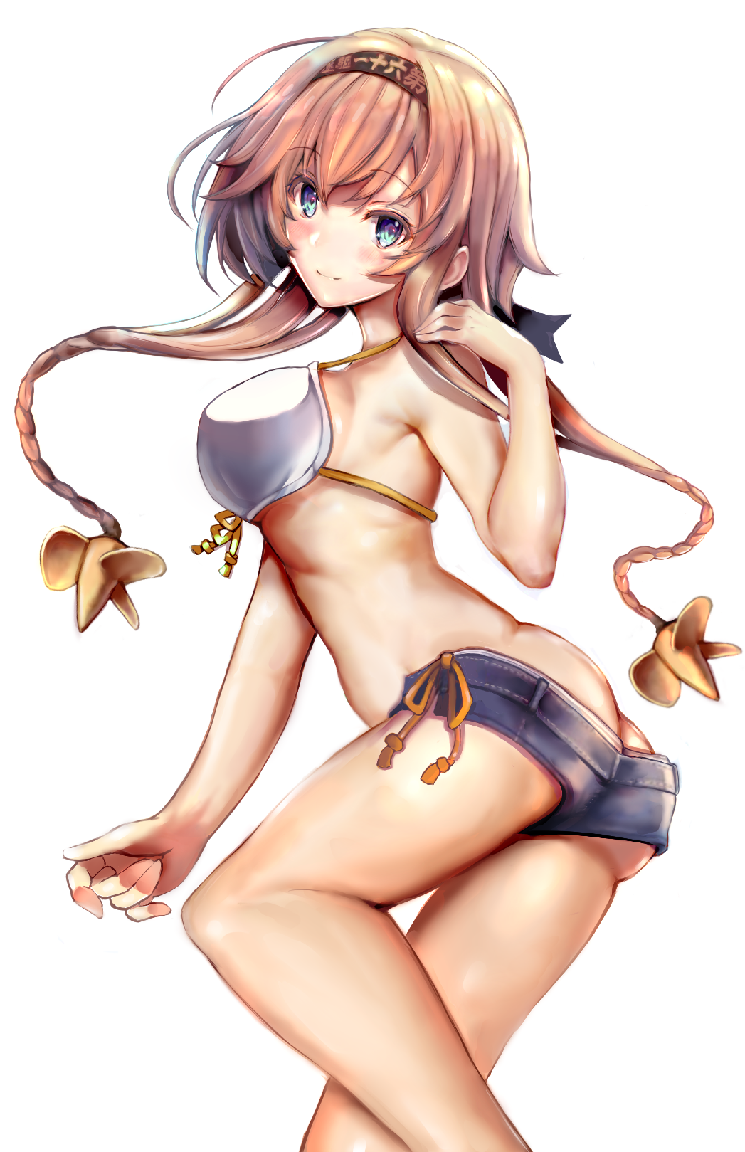 1girl, alternate_costume, armpit_peek, ass, bangs, bare_arms, bikini, bikini_shorts, blue_eyes, blush, braid, breasts, brown_hair, butt_crack, clothes_writing, denim, eriyama_(user_csua4255), eyebrows_visible_through_hair, from_side, hair_between_eyes, hair_ornament, hair_ribbon, hairband, hand_up, headband, highres, kantai_collection, leg_up, long_hair, looking_at_viewer, propeller_hair_ornament, ribbon, shorts, sidelocks, simple_background, smile, solo, swimsuit, teruzuki_(kantai_collection), thighs, twin_braids, white_background