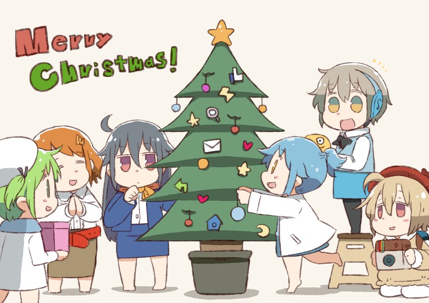 6+girls, =_=, ahoge, bangs, barefoot, beige_skirt, belt, beret, black_hair, black_legwear, black_neckwear, blue_hair, blue_jacket, blue_skirt, blue_vest, bow, bowtie, brown_eyes, camera, christmas_ornaments, christmas_tree, clenched_hand, commentary_request, dress, eyebrows_visible_through_hair, facebook, facebook-san, green_eyes, green_hair, grey_background, grey_hair, hair_between_eyes, hair_flaps, hand_to_own_mouth, hands_together, hat, headphones, holding, holding_camera, instagram, instagram-san, jacket, labcoat, light_brown_hair, line_(naver), long_hair, long_sleeves, merry_christmas, mixi, multiple_girls, neckerchief, notice_lines, orange_hair, orange_neckwear, os-tan, pantyhose, pencil_skirt, personification, plant, ponytail, potted_plant, red_eyes, red_hat, sailor_dress, sailor_hat, shirt, short_hair, short_ponytail, skirt, skype, standing, standing_on_one_leg, star, stepladder, tsukigi, twitter, twitter-san, twitter-san_(character), two_side_up, vest, white_shirt