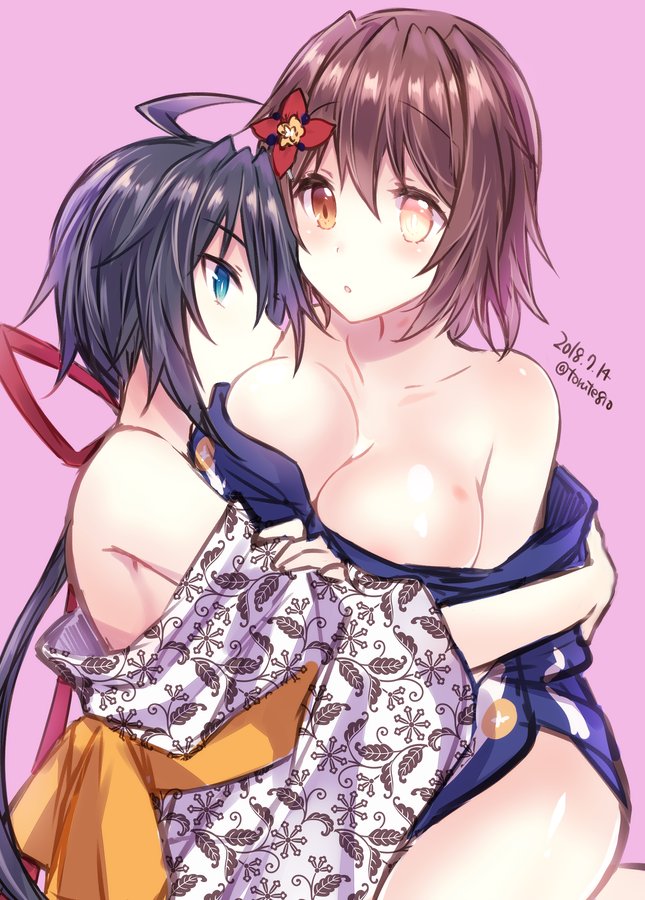 2girls, ahoge, bangs, black_hair, blue_eyes, blue_kimono, breast_smother, breasts