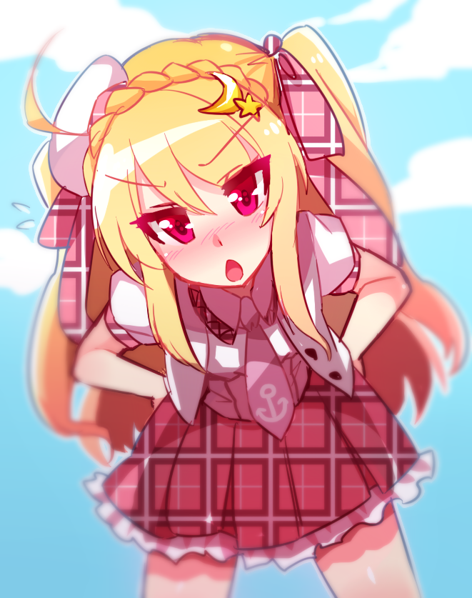 1girl, ahoge, azur_lane, bending_forward, blonde_hair, blurry_vision, blush, braid