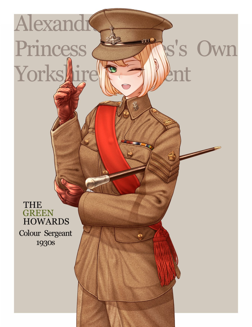 1girl, baton, blonde_hair, british, british_army, buttons, carrying_under_arm, cowboy_shot