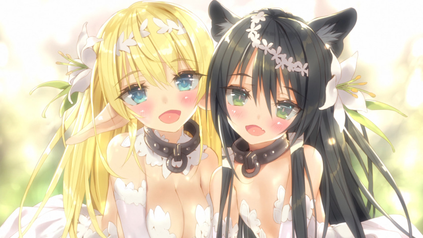 2girls, animal_ears, aqua_eyes, bangs, black_hair, blonde_hair, blue_eyes, blurry, blurry_background, blush, breasts, bride, cat_ears, cleavage, detached_collar, dress, elbow_gloves, elf, eyebrows_visible_through_hair, fang, flat_chest, flower, gloves, green_eyes, hair_flower, hair_ornament, hair_ribbon, hairband, happy, highres, isekai_maou_to_shoukan_shoujo_dorei_majutsu, large_breasts, lily_(flower), long_hair, looking_at_viewer, multiple_girls, no_bra, official_art, open_mouth, pointy_ears, rem_galeu, ribbon, shera_l_greenwood, smile, tsurusaki_takahiro, upper_body, wedding_dress, white_gloves, white_hairband, white_ribbon