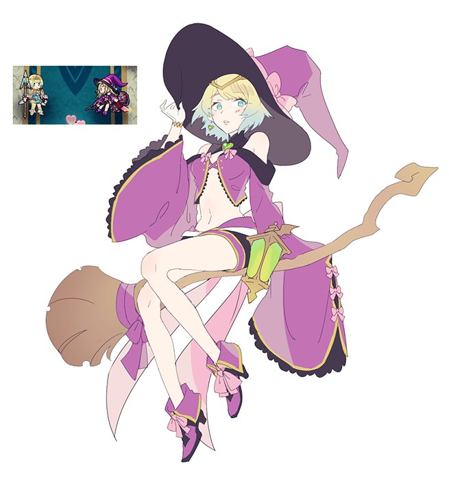 1girl, bare_shoulders, blonde_hair, blue_eyes, blue_hair, bow, broom, broom_riding, cosplay, earrings, fire_emblem, fire_emblem:_kakusei, fire_emblem_heroes, fjorm_(fire_emblem_heroes), full_body, gradient_hair, hand_on_headwear, hat, jewelry, lantern, long_sleeves, midriff, multicolored_hair, nowi_(fire_emblem), nowi_(fire_emblem)_(cosplay), noviipop, parted_lips, pink_bow, short_hair, simple_background, solo, white_background, wide_sleeves, witch_hat