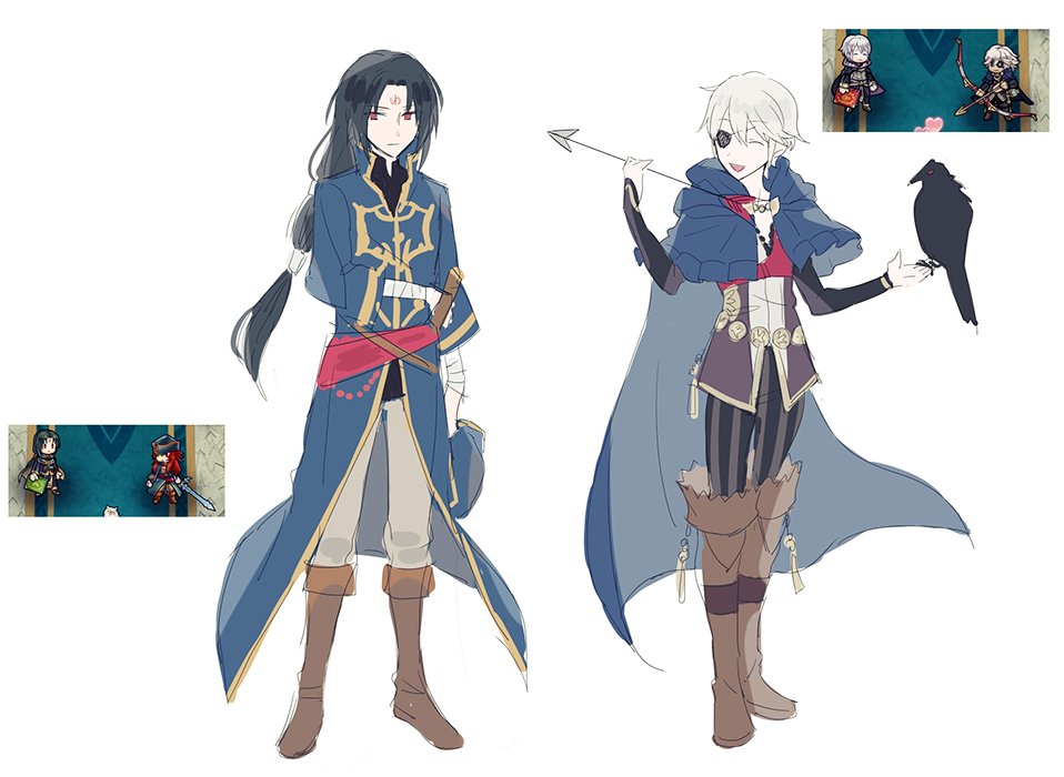 2boys, arrow, bandage, bird, black_hair, blue_cape, boots, brown_footwear