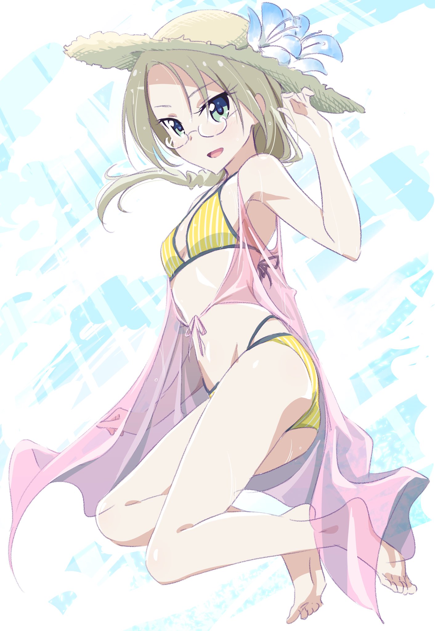 1girl, :d, barefoot, bikini, blue_eyes, blue_flower, breasts, cleavage, floating_hair, flower, full_body, glasses, hair_between_eyes, hat, hat_flower, highres, long_hair, multi-strapped_bikini, new_game!, open_mouth, pink_x, ponytail, see-through, silver_hair, small_breasts, smile, solo, straw_hat, striped, sun_hat, swimsuit, vertical-striped_bikini, vertical_stripes, white_background, yamato_christina_wako, yellow_bikini