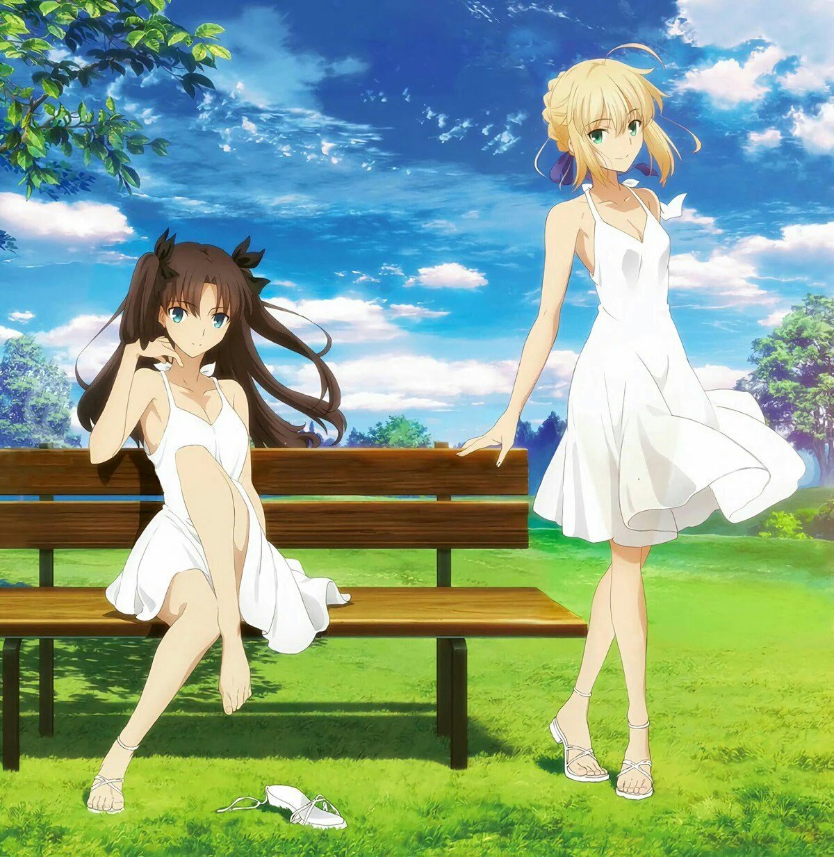 2girls, ahoge, artoria_pendragon_(all), barefoot, bench, black_ribbon, blonde_hair, blue_eyes