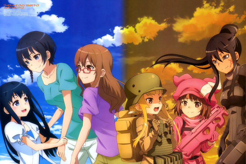 6+girls, :d, absurdres, backpack, bag, black_bodysuit, black_hair, blonde_hair, blue_shirt, blue_sky, bodysuit, braid, brown_eyes, brown_gloves, brown_hair, bullpup, clouds, collarbone, dark_skin, facial_mark, floating_hair, fukaziroh_(sao), gloves, green_pants, gun, hat, helmet, high_ponytail, highres, holding, holding_gun, holding_weapon, kanzaki_elsa, kohiruimaki_karen, llenn_(sao), long_hair, multiple_girls, official_art, open_mouth, p90, pants, pink_gloves, pink_hat, pitohui_(sao), purple_shirt, rectangular_eyewear, red-framed_eyewear, rifle, shinohara_miyu_(sao), shirt, short_sleeves, side_braid, sidelocks, single_braid, sky, smile, submachine_gun, sword_art_online, sword_art_online_alternative:_gun_gale_online, tattoo, weapon, white_pants, white_shirt, yoshita_michiko