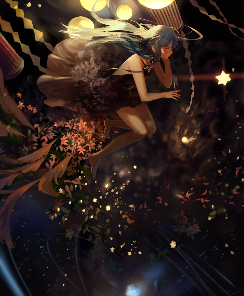 1girl, absurdres, barefoot, black_dress, black_ribbon, blue_hair, brown_eyes, dress
