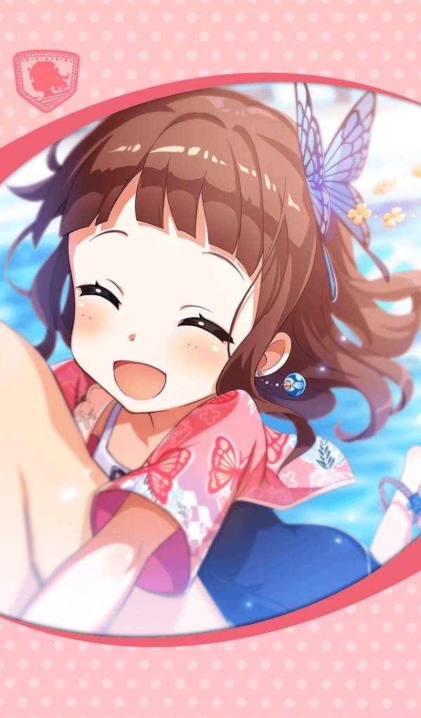 1girl, amenonuhoko_(phantom_of_the_kill), anklet, artist_request, bangs, blue_swimsuit, blush, brown_hair, butterfly_hair_ornament, closed_eyes, earrings, framed_image, hair_ornament, hug, jewelry, medium_hair, ocean, official_art, open_mouth, phantom_of_the_kill, school_swimsuit, swimsuit