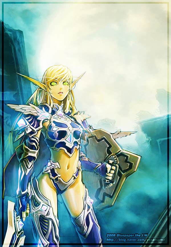 bikini_armor, blonde_hair, blood_elf, green_eyes, long_hair, midriff, paladin, paladin_(warcraft), pointy_ears, shield, sword, thigh-highs, thighhighs, warcraft, weapon, world_of_warcraft, yasaingma
