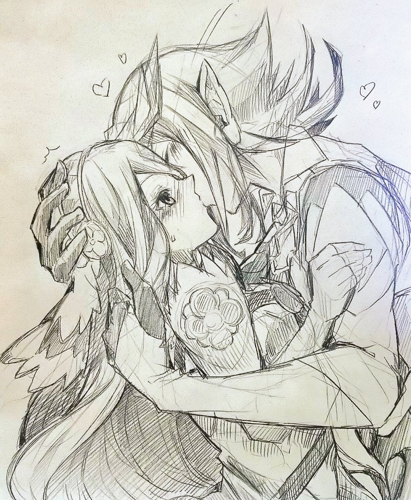 1boy, 1girl, aqua_(fire_emblem_if), fire_emblem, fire_emblem_if, graphite_(medium), kiss, long_hair
