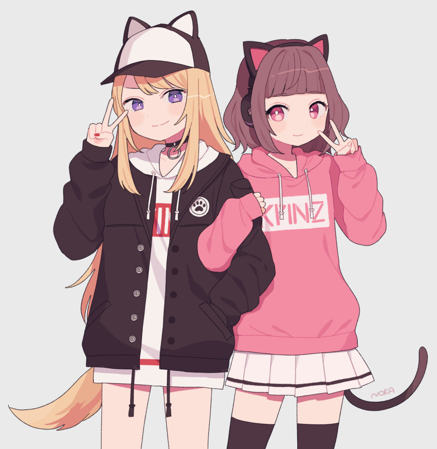 >:), 2girls, animal_ear_headphones, arm_hug, baseball_cap, black_jacket, blonde_hair, blue_eyes