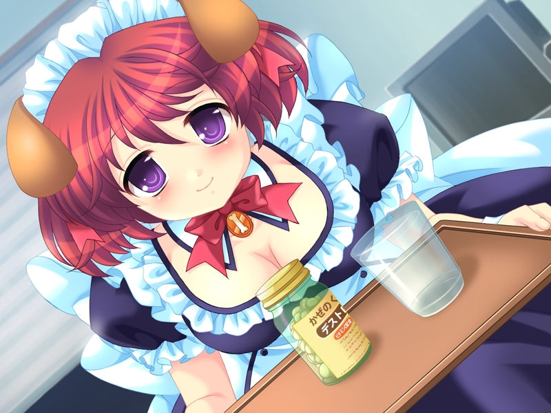 basil, breasts, cleavage, dog_ears, dutch_angle, game_cg, maid, maid_headdress