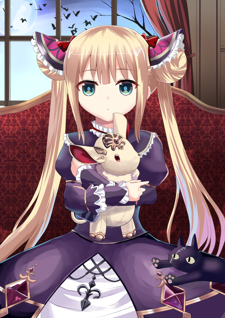 1girl, :o, animal, bangs, bare_tree, bat, blonde_hair, blue_sky