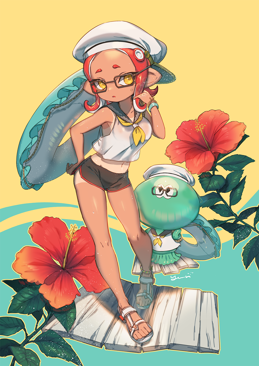 1girl, animal, bare_arms, bare_shoulders, black-framed_eyewear, black_sailor_collar, black_shorts, clothed_animal