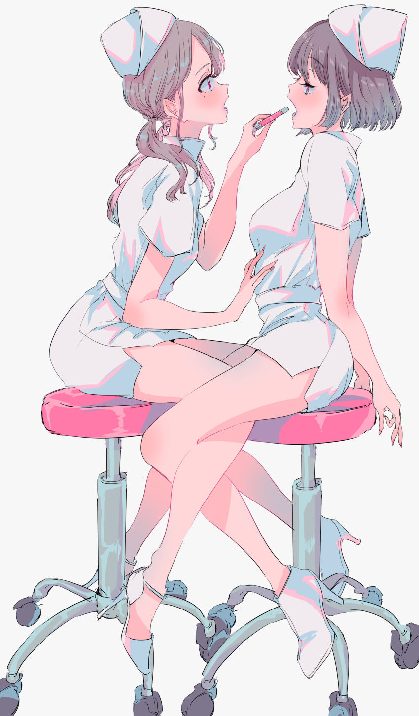 2girls, absurdres, applying_makeup, bangs, black_hair, breasts, brown_hair, chair, commentary_request, from_side, full_body, grey_background, hand_on_another's_stomach, hat, high_heels, highres, lipstick_tube, long_hair, medium_breasts, miniskirt, multiple_girls, nail_polish, najuco_(naju0517), nurse, nurse_cap, original, pink_nails, pointy_ears, red_eyes, shirt, short_hair, short_sleeves, side_slit, simple_background, sitting, skirt, stool, swivel_chair, twintails, white_footwear, white_shirt, white_skirt, yuri