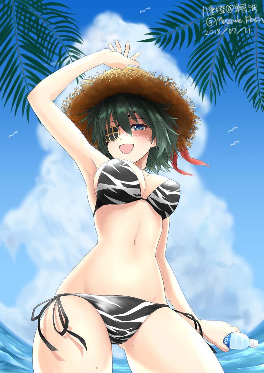 1girl, absurdres, armpits, bikini, black_bikini, blue_eyes, bottle, cowboy_shot
