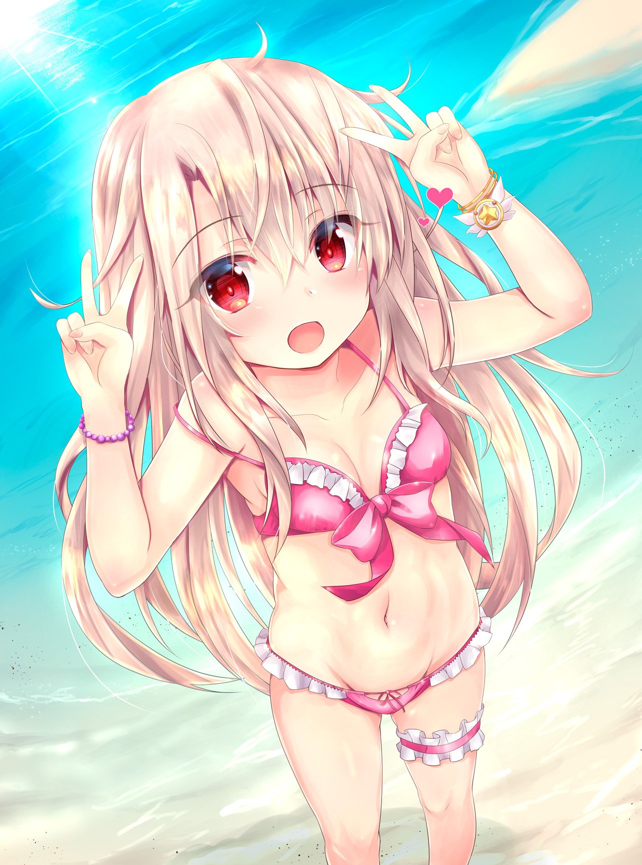 1girl, :d, ahoge, bangs, beach, bikini, blush, bracelet