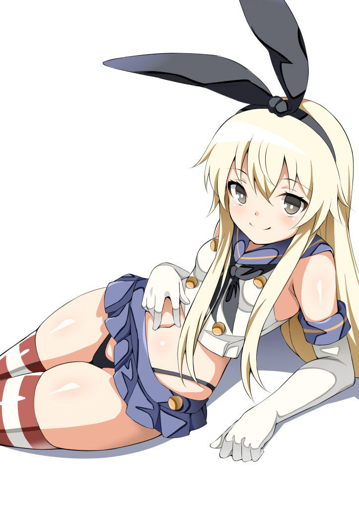 1girl, arm_support, black_eyes, black_hairband, black_panties, blonde_hair, blue_skirt, closed_mouth