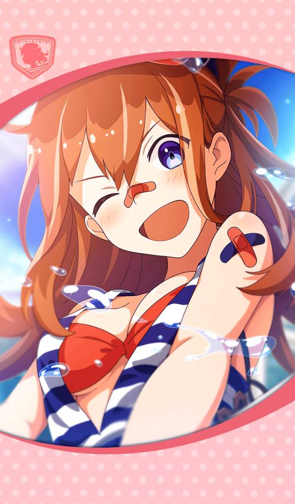 1girl, artist_request, bandaid, bandaid_on_nose, blue_eyes, blush, framed_image, gridarvol, hair_between_eyes, official_art, one_eye_closed, open_mouth, orange_hair, phantom_of_the_kill, red_swimsuit, smile, swimsuit, water
