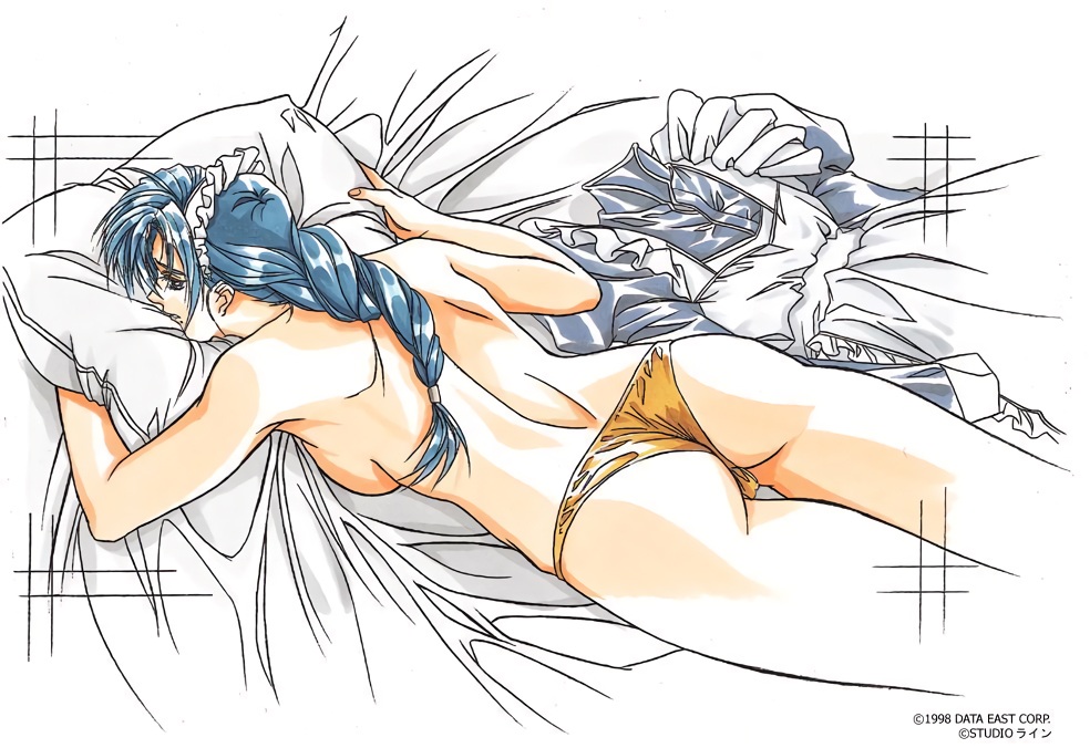 1998, 1girl, 90s, ass, bed_sheet, braid, copyright_name, data_east