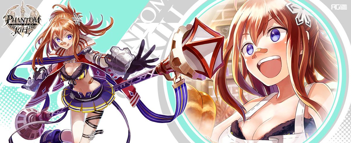 1girl, apron, artist_request, bandaid, bandaid_on_nose, black_gloves, blue_eyes, blush, boots, bracer, breasts, cleavage, company_name, fur_trim, gauntlets, gloves, gridarvol, hair_between_eyes, hair_ornament, logo, official_art, open_mouth, orange_hair, phantom_of_the_kill, smile, snowflake_hair_ornament, staff, thigh_strap, tongue, tongue_out