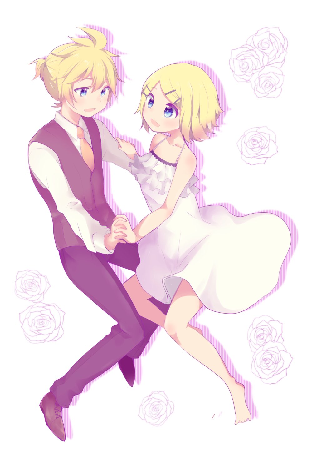 1boy, 1girl, adolescence_(vocaloid), aoi_choko_(aoichoco), bare_arms, bare_legs, bare_shoulders, barefoot