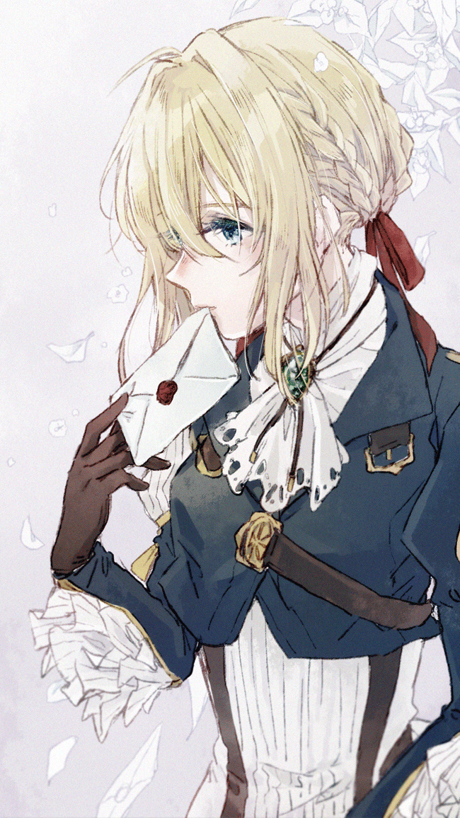 blonde_hair, blue_eyes, blue_jacket, braid, brooch, envelope, gloves, hair_between_eyes