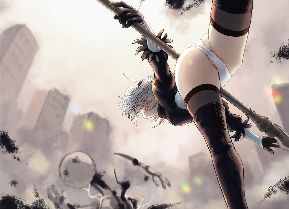 1girl, ass, black_footwear, black_gloves, black_hairband, boots, breasts, building