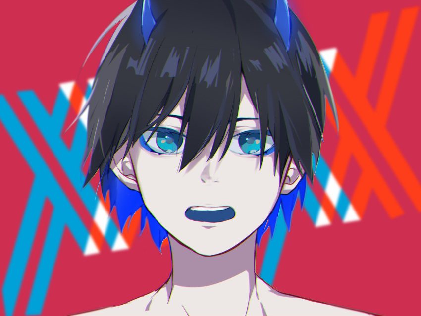1boy, bangs, black_hair, blue_eyes, blue_horns, commentary_request, darling_in_the_franxx, highres